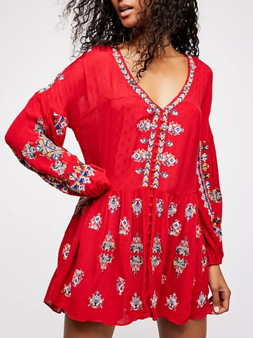 Free People The Arianna Embroidered Tunic Embroidered Red V-Neck Mini Dress